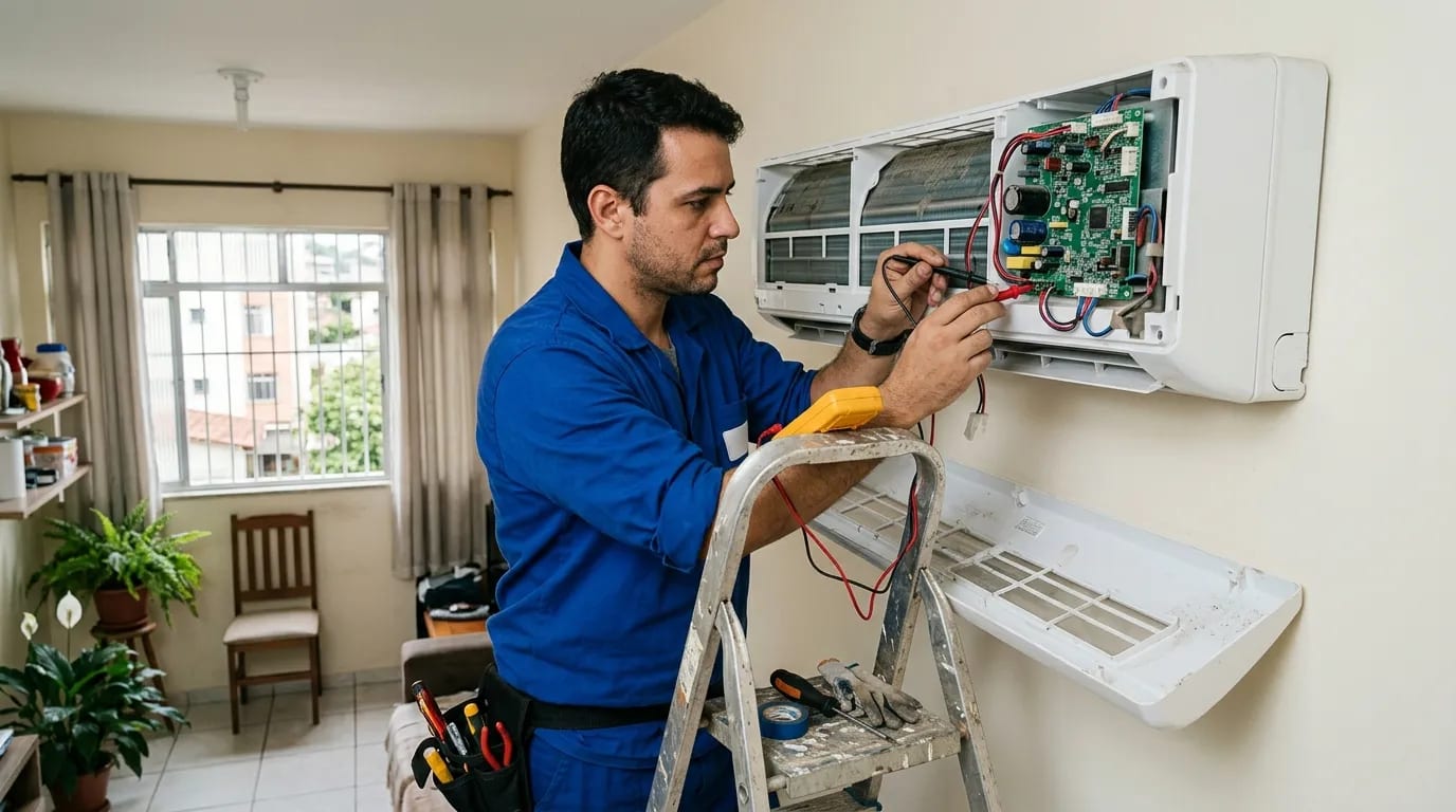 Eletricista ligando a placa do ar-condicionado split em Belém‑PA